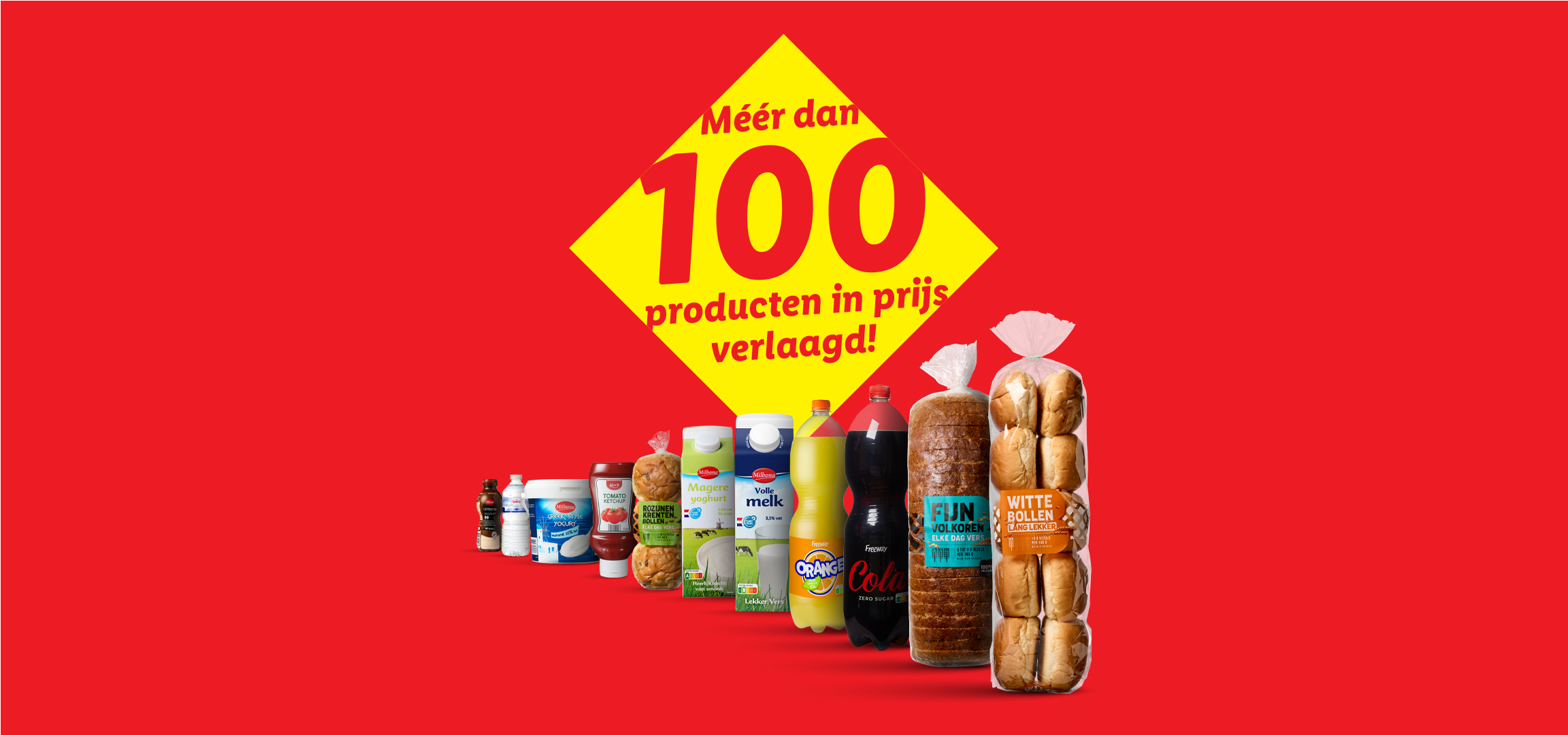 Meer dan 100 producten in prijs verlaagd, met onder andere brood, melk, yoghurt, frisdrank en ketchup.