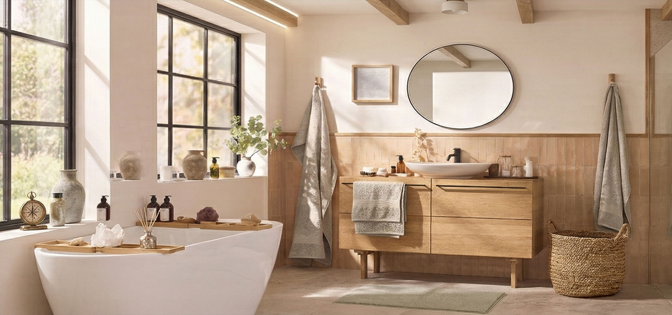 Lichte badkamer met bad, douche, houten meubels en natuurlijke decoratie.