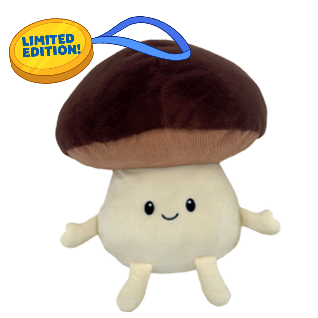 Limited edition pluchen paddenstoel van 30 cm met een lachend gezichtje.