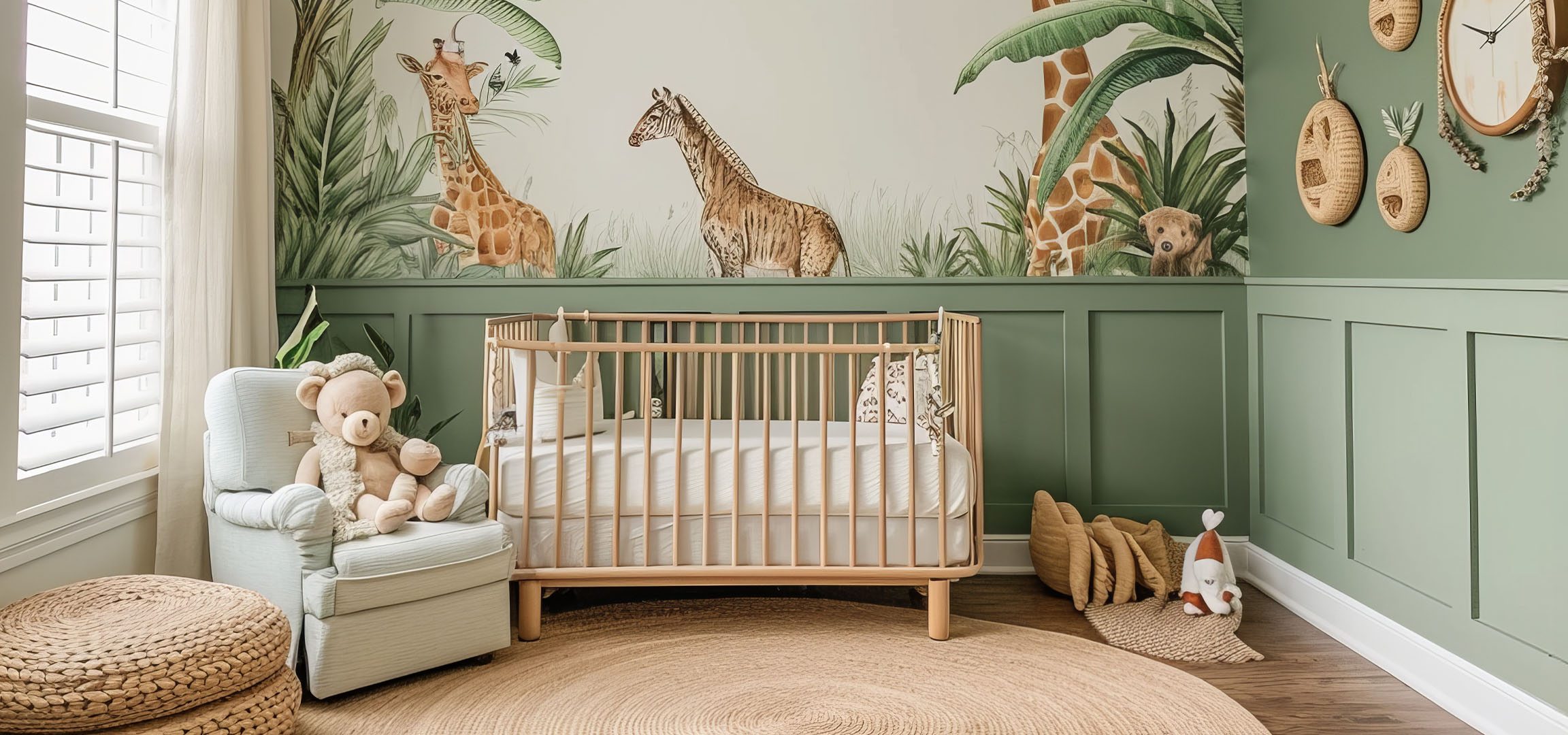 Babykamer met groene muren, houten wieg, fauteuil en rond vloerkleed.
