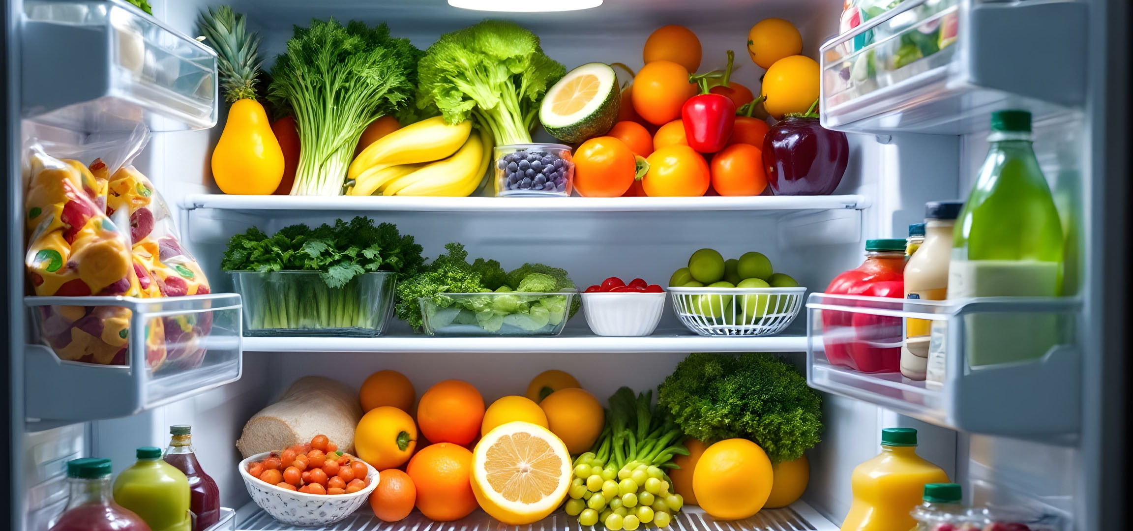 Appelsinen, groenten en sappen in de koelkast.