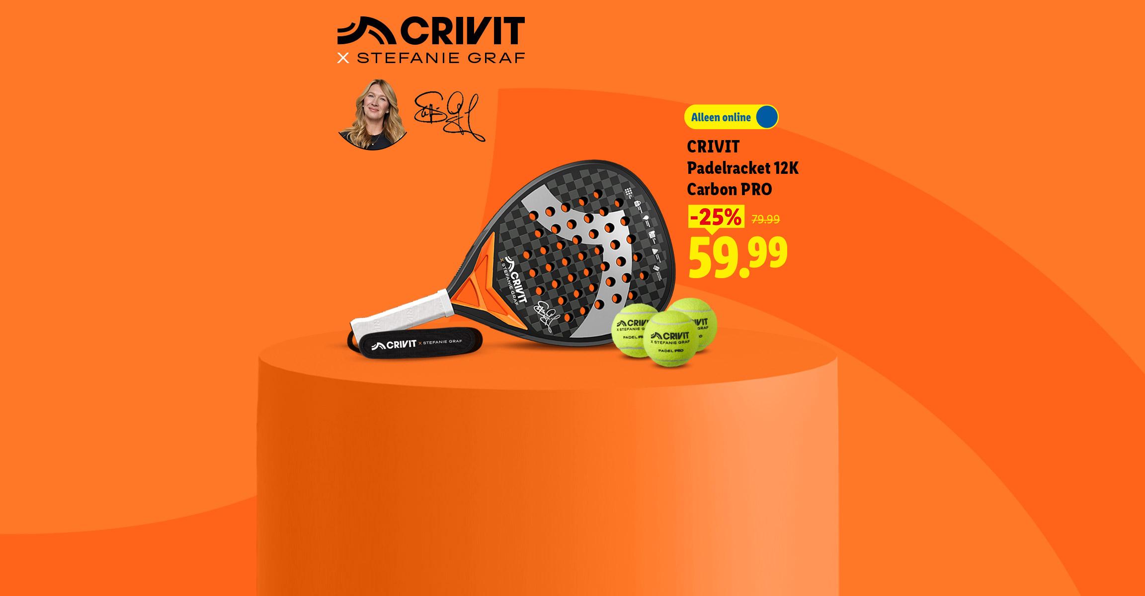 Een padelracket en drie padelballen met een afbeelding van Stefanie Graf en aanbiedingen.