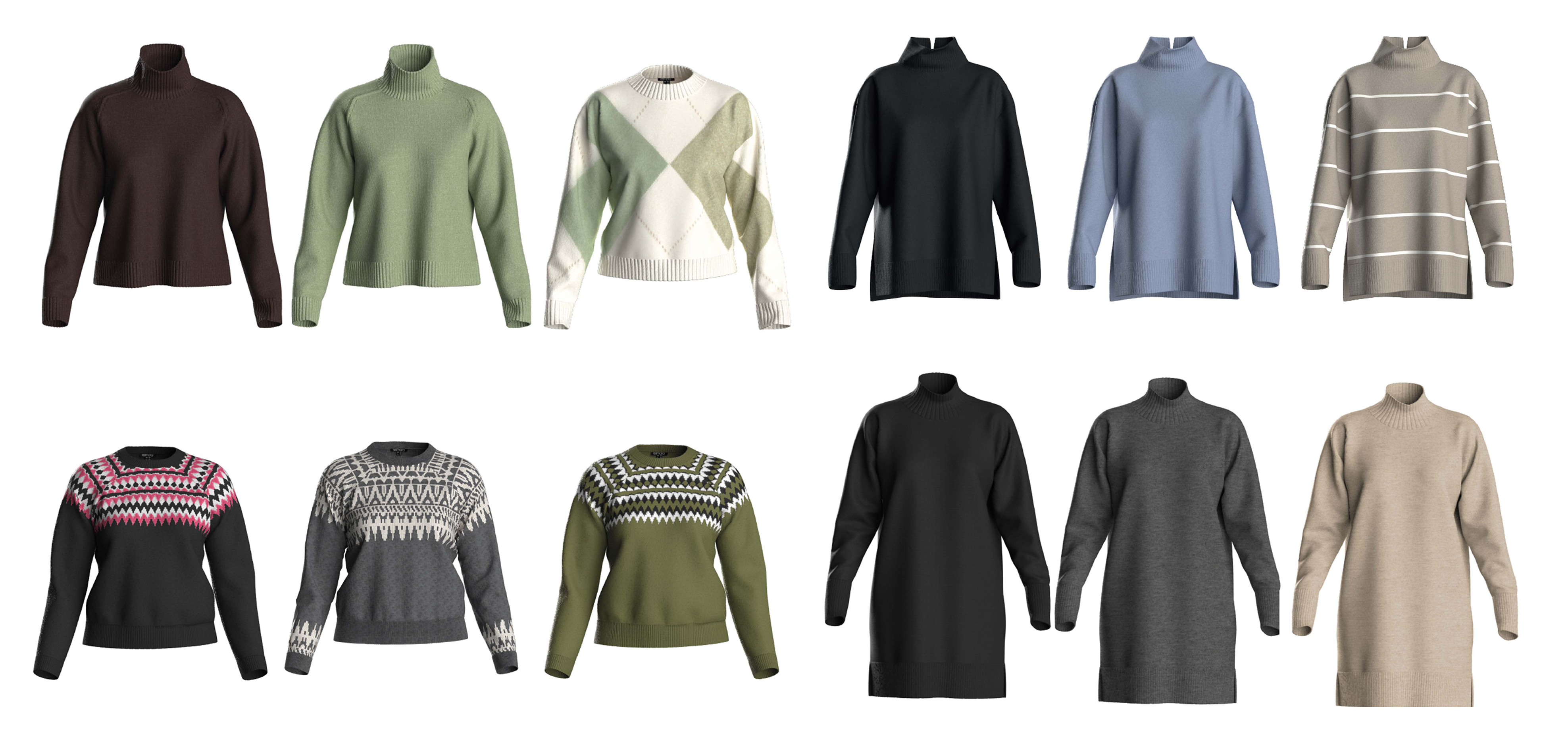 Collectie truien en tunieken, inclusief coltruien, argyle en Noorse patronen.