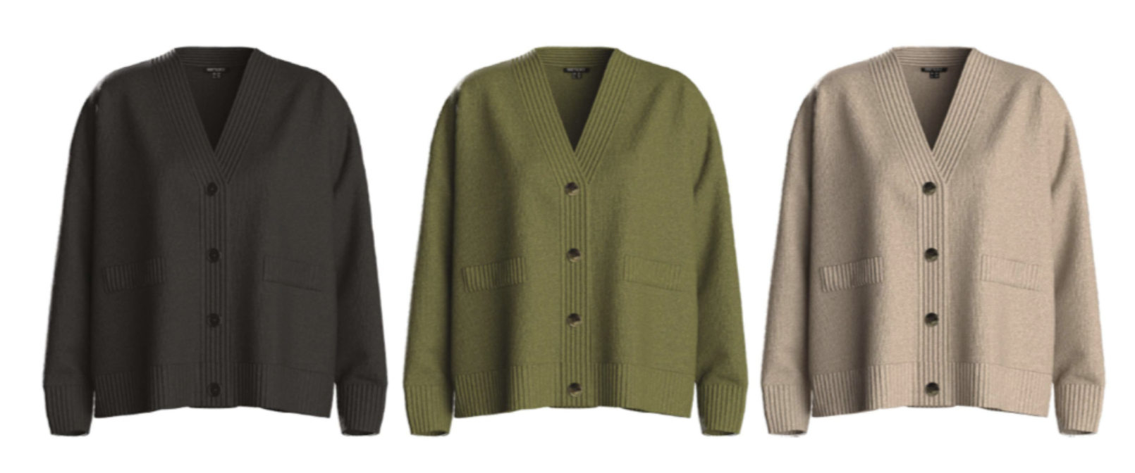Drie gebreide vesten in zwart, olijfgroen en beige met knopen en zakken.