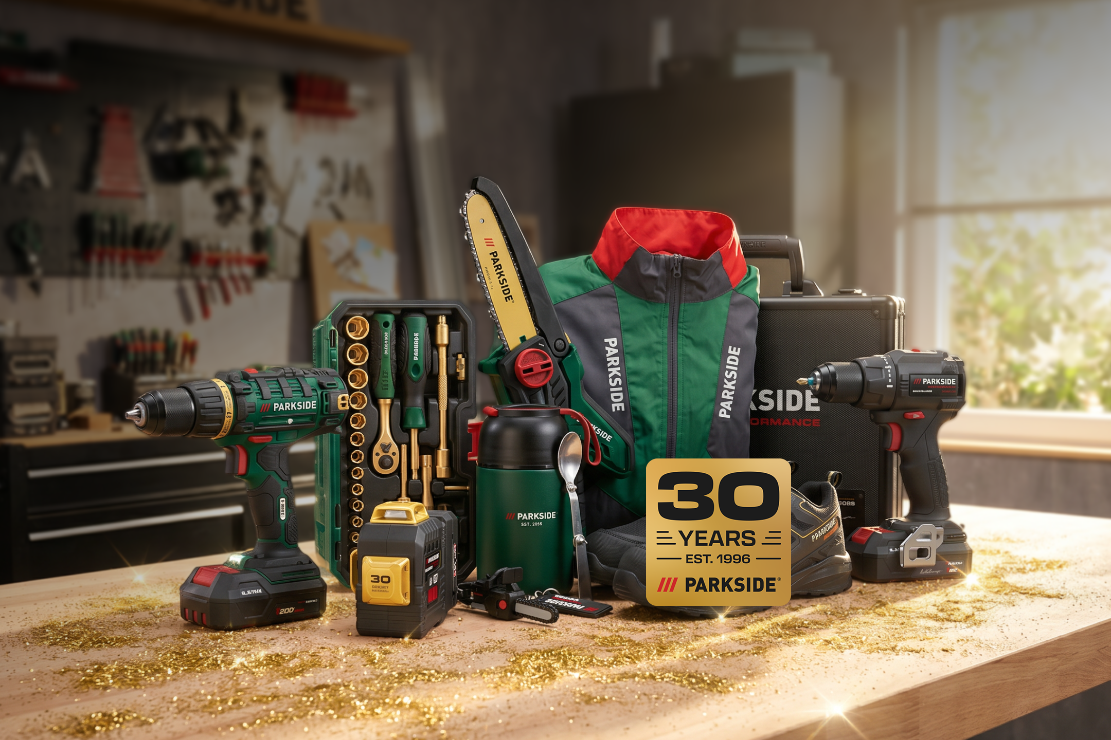 Gegenereerd door AI: Elektrisch gereedschap en accessoires op een houten ondergrond met een '30 jaar' logo.