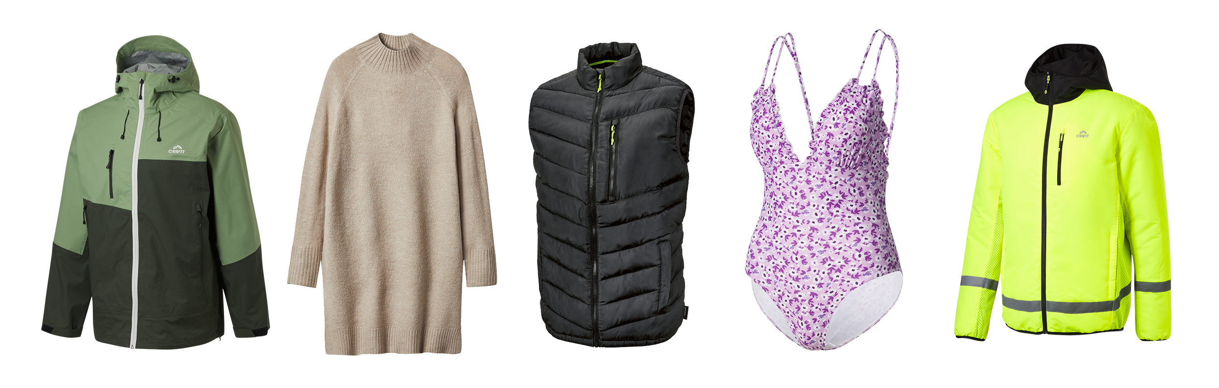 Een groene jas, beige trui, zwart bodywarmer, paars badpak en een gele jas.