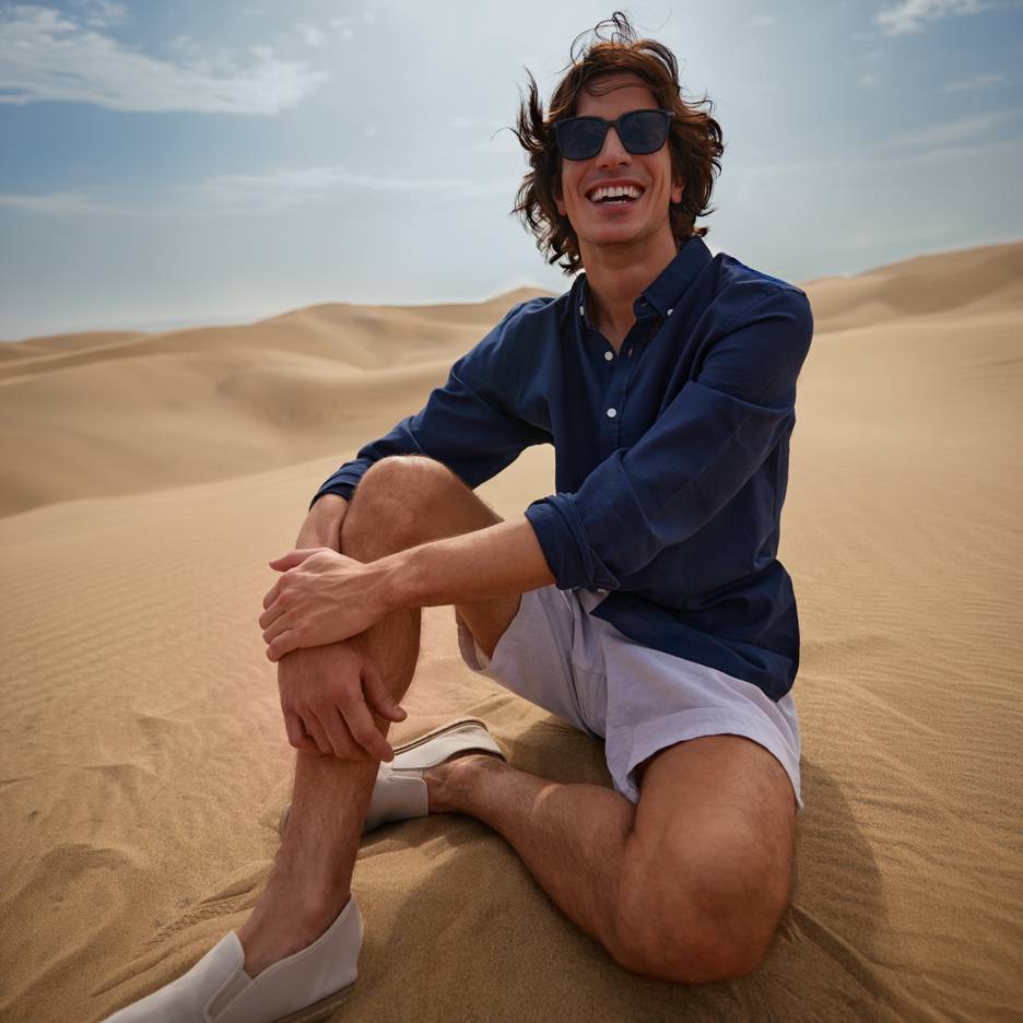 Lachende man in blauw overhemd en korte broek, zittend op zandduinen.