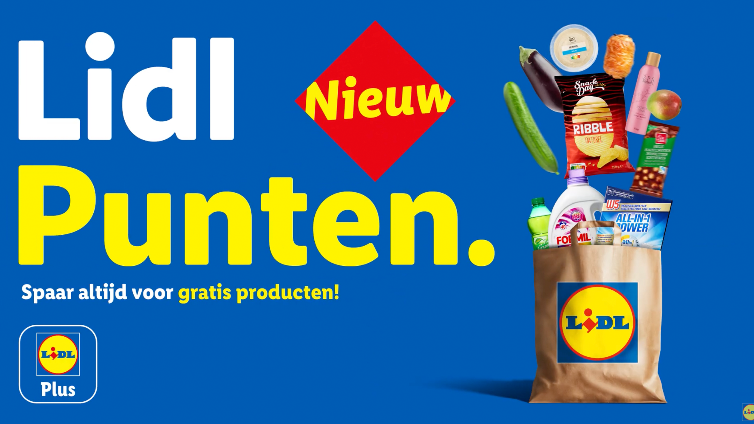 Lidl Punten: Spaar altijd voor gratis producten! Een boodschappentas vol met diverse producten.
