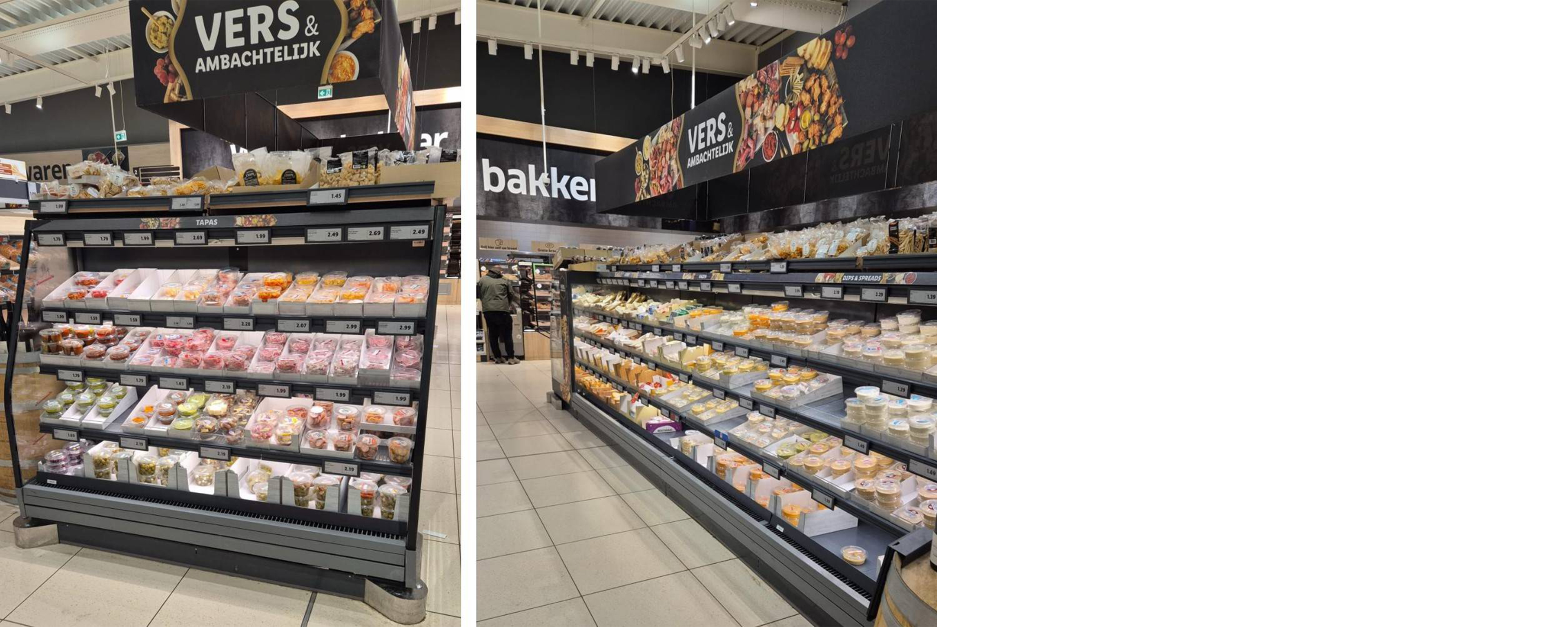Een supermarktgang met een koelvitrine vol tapas, kazen en dips, met een banner 'VERS & AMBACHTELIJK' erboven.