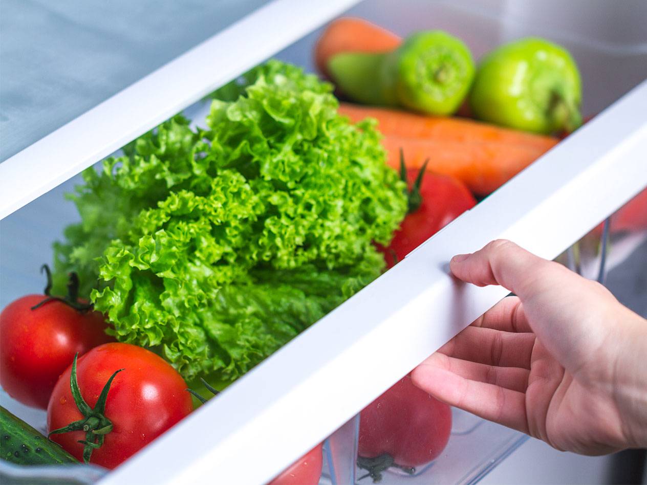 Sla, tomaten en wortelen in de koelkast.