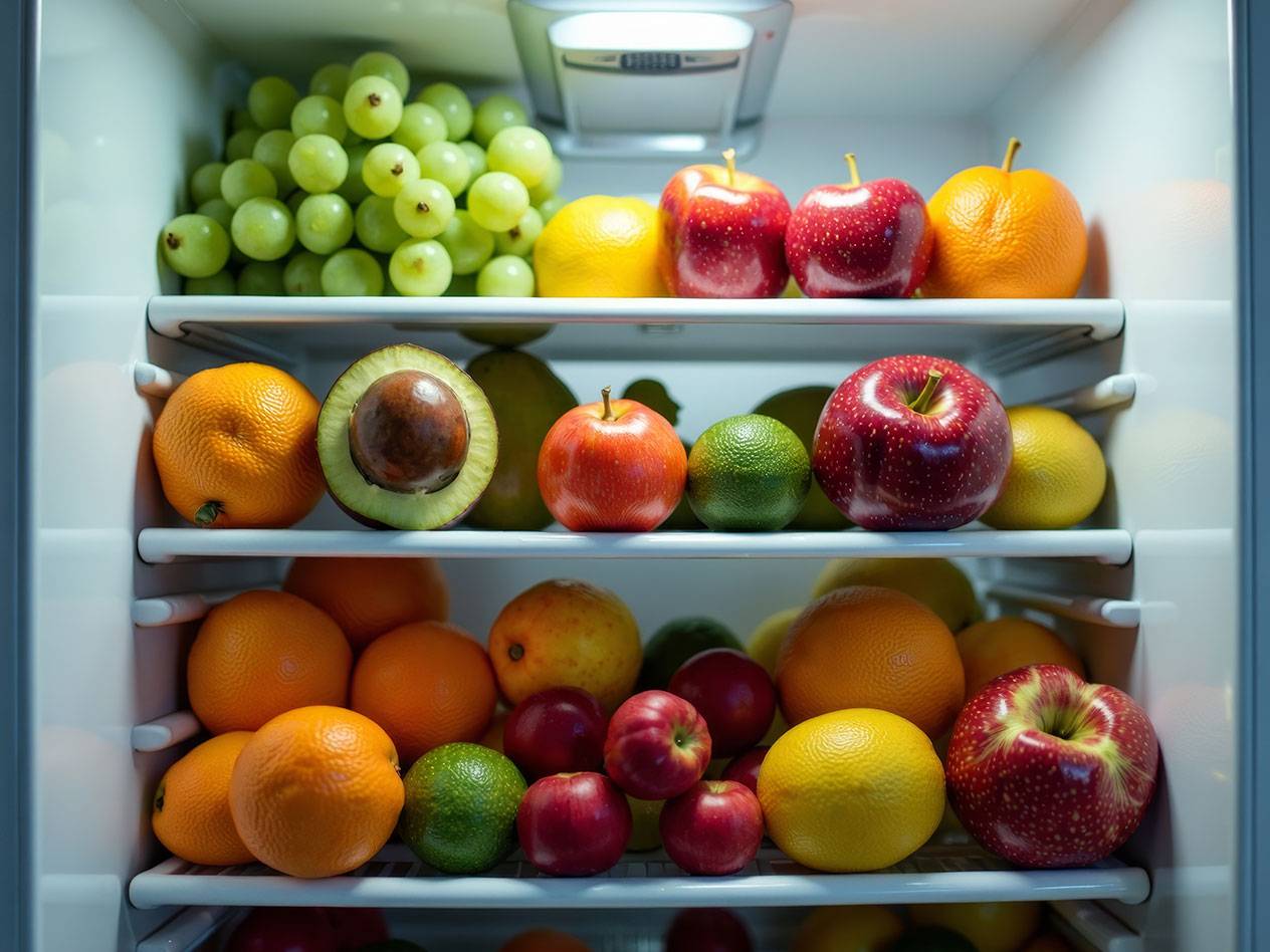 Druiven, appels, sinaasappels en avocado's in de koelkast.